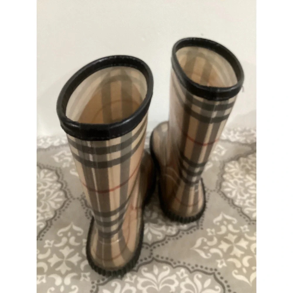 Burberry Unisex Kids Tan Black Check Mid-Calf Pull-On Rain Boots Sz 13 With COA